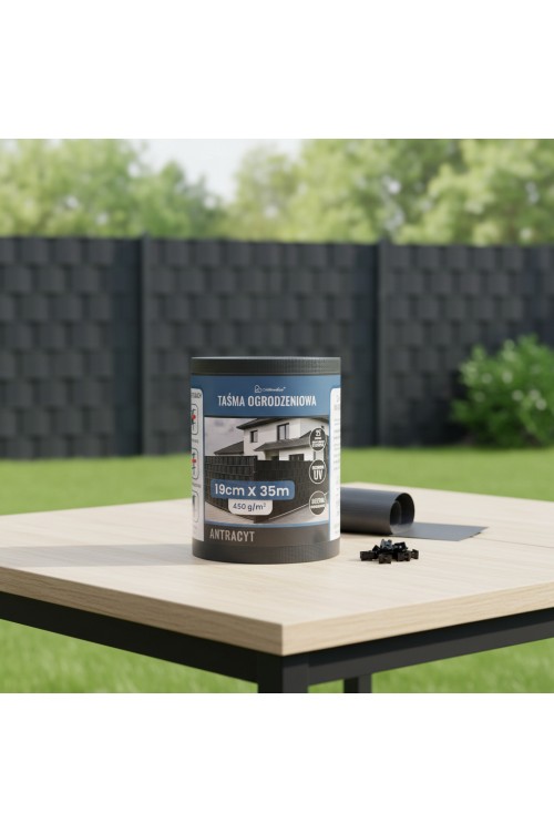 Taśma ogrodzeniowa 19cm x 35M - osłona na ogrodzenie + UV + 25 klipsów - GRAFIT/ANTRACYT