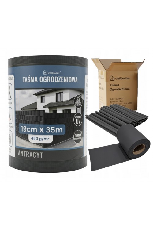 Taśma ogrodzeniowa 19cm x 35M - osłona na ogrodzenie + UV + 25 klipsów - GRAFIT/ANTRACYT