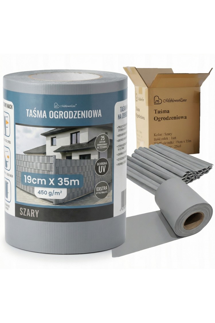 Taśma ogrodzeniowa 19cm x 35M - osłona na ogrodzenie + UV + 25 klipsów - SZARA