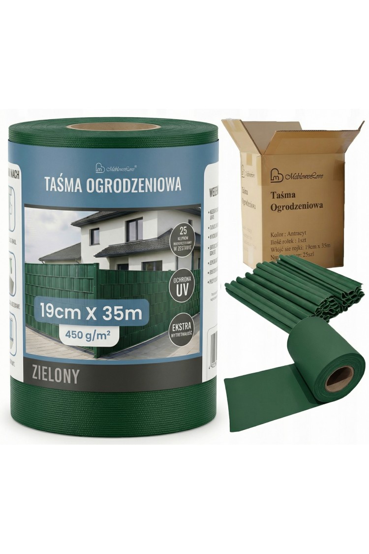 Taśma ogrodzeniowa 19cm x 35M - osłona na ogrodzenie + UV + 25 klipsów - ZIELONA